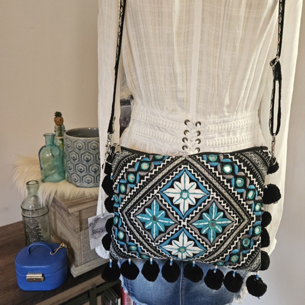 Colorful Handmade Boho Embroidered Crossbody Bag with Tassels NWT